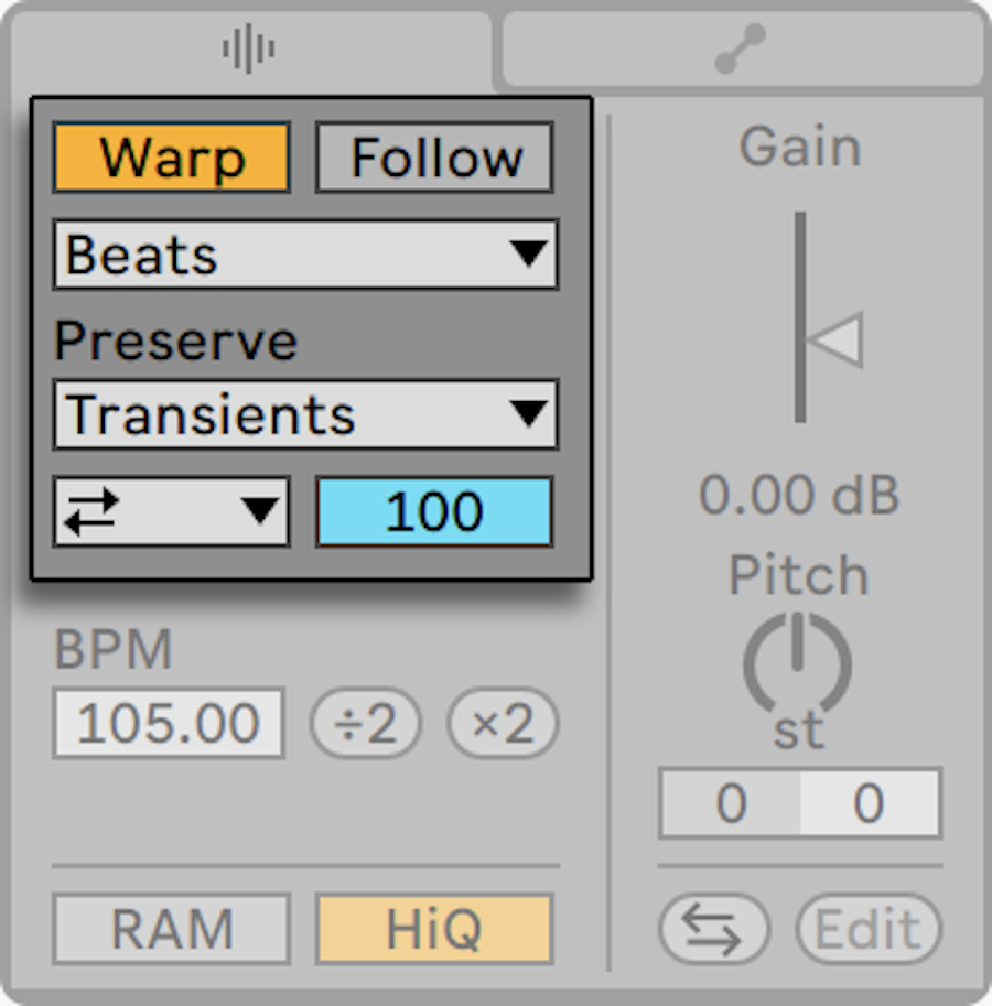 Captura real de controles de Warp en un clip de audio de Ableton