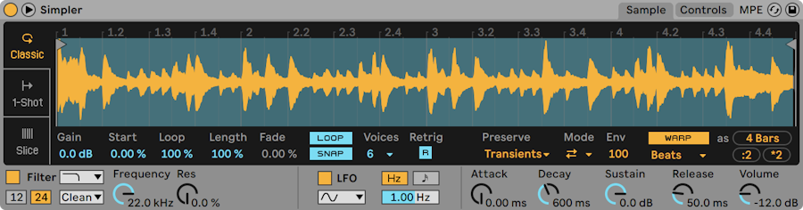 Captura real del dispositivo Simpler en Ableton Live